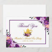 Paarse Floral Gold Bridal Tea Party Bedankkaart (Voorkant / Achterkant)
