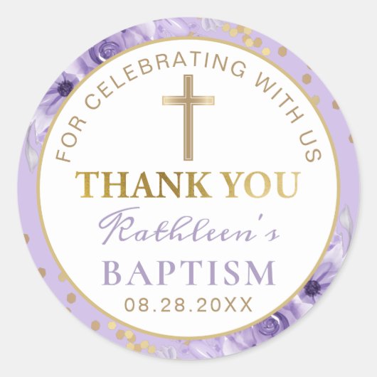 Paarse Floral Gold Glitter Baptisme Hartelijk dank Ronde Sticker (Voorkant)