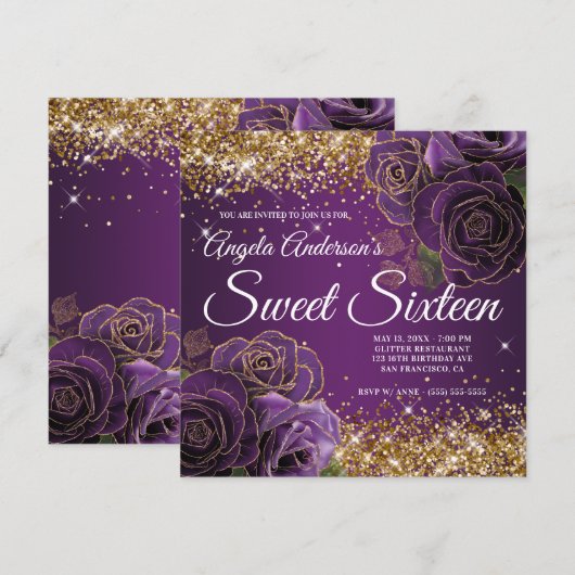 Paarse Floral Gold Glitter Glam Sweet Sixteen Kaart (Voorkant / Achterkant)