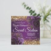 Paarse Floral Gold Glitter Glam Sweet Sixteen Kaart (Staand voorkant)
