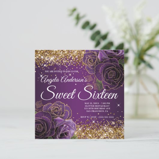 Paarse Floral Gold Glitter Glam Sweet Sixteen Kaart (Staand voorkant)