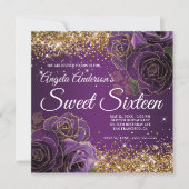 Paarse Floral Gold Glitter Glam Sweet Sixteen Kaart (Voorkant)
