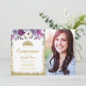 Paarse Floral Gold Glitter Tiara Quinceanera Foto Kaart (Staand voorkant)