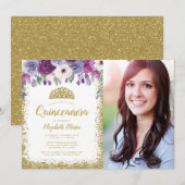 Paarse Floral Gold Glitter Tiara Quinceanera Foto Kaart (Voorkant / Achterkant)