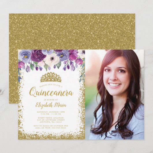 Paarse Floral Gold Glitter Tiara Quinceanera Foto Kaart (Voorkant / Achterkant)