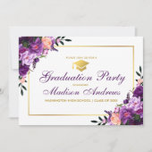 Paarse Floral Gold Lijst Graduation Party Invite Kaart (Voorkant)