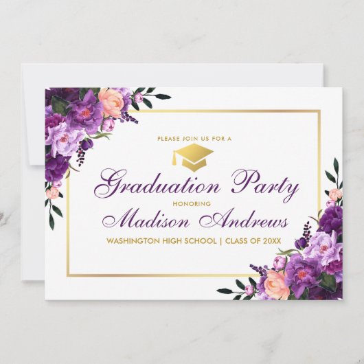 Paarse Floral Gold Lijst Graduation Party Invite Kaart (Voorkant)