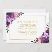 Paarse Floral Gold Lijst Graduation Party Invite Kaart (Achterkant)