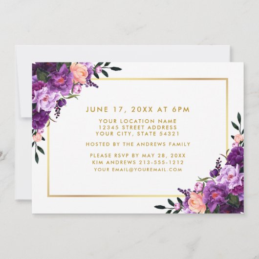 Paarse Floral Gold Lijst Graduation Party Invite Kaart (Achterkant)