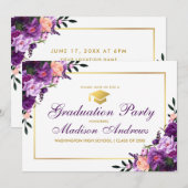 Paarse Floral Gold Lijst Graduation Party Invite Kaart (Voorkant / Achterkant)