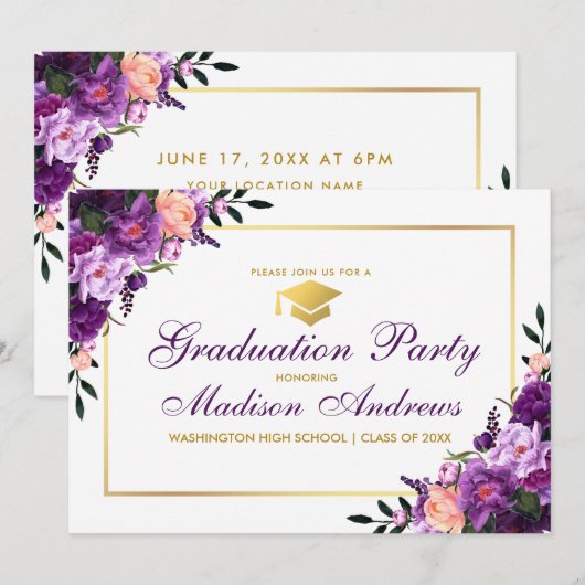 Paarse Floral Gold Lijst Graduation Party Invite Kaart (Voorkant / Achterkant)