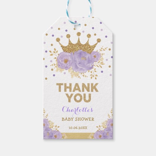 Paarse Floral Gold Princess Crown Shower Birthday Cadeaulabel (Voorkant)