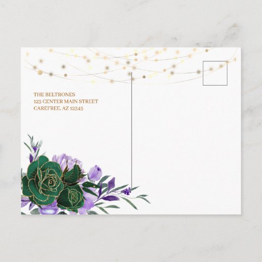 Paarse Floral Gold Quinceañera Uitnodiging (Achterkant)