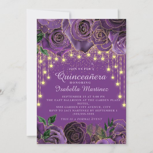 Paarse Floral Gold String Light Stars Quinceañera Kaart (Voorkant)