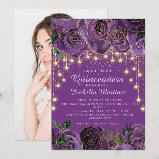 Paarse Floral Gold String Light Stars Quinceañera Kaart (Voorkant / Achterkant)