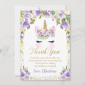 Paarse Floral Gold Unicorn Birthday Hartelijk dank Bedankkaart (Voorkant)