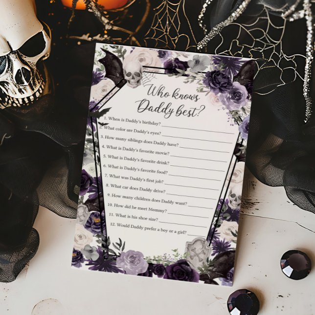Paarse Floral Gothic Wie kent Daddy Best Game (Floral Gothic Coffin Baby Shower Who knows Daddy Best Game)