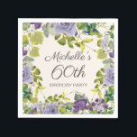 Paarse Floral Green Leaves Editable 60th Birthday Servet<br><div class="desc">Paarse waterverf bloemen en groene bladeren op ivoorcrème botanische tuin 60ste verjaardag cocktailluiers. Deze servet is volledig aanpasbaar, dus verander uw jouw tekst en ontwerp voor iedereen van elke leeftijd. Neem contact met mij op voor hulp bij uw aanpassingen of om extra overeenkomende of coördinerende Zazzle-producten voor uw partij aan...</div>