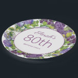 Paarse Floral Green Leaves Vines 80th Birthday Papieren Bordje<br><div class="desc">Mooie paarse waterverf met groene bladeren en wijnstokken op een leeftijd van 80 jaar of ouder,  borden van een papierpartij op maat van naam en leeftijd.</div>