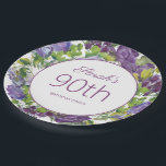 Paarse Floral Green Leaves Vines 90th Birthday Papieren Bordje<br><div class="desc">Mooie paarse waterverf met groene bladeren en wijnstokken van 90e verjaardag (of elke leeftijd) op papier,  borden van een partij die zijn aangepast aan de naam en de leeftijd.</div>