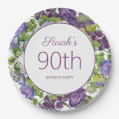 Paarse Floral Green Leaves Vines 90th Birthday Papieren Bordje (Voorkant)