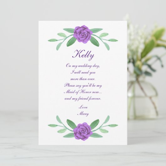 Paarse Floral Greenery Foliage Maid of Honor Card Kaart (Staand voorkant)