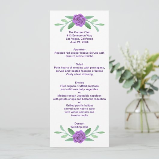 Paarse Floral Greenery Foliage Wedding Menu Kaart (Staand voorkant)