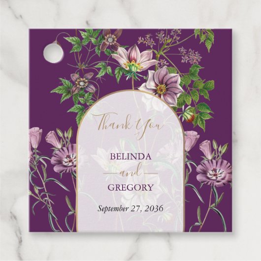 Paarse Floral Greenery Gold Arch Wedding Bedankjes Labels (Voorkant)