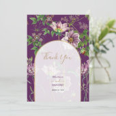 Paarse Floral Greenery Gold Arch Wedding Bedankkaart (Staand voorkant)
