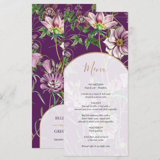 Paarse Floral Greenery Gold Arch Wedding Menu (Voorkant / Achterkant)