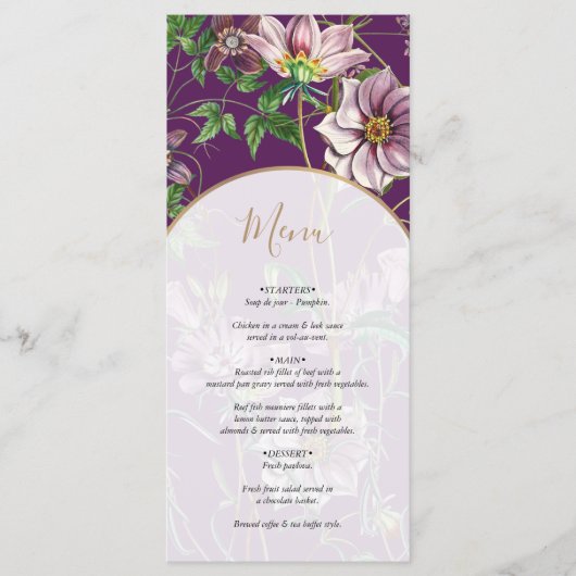 Paarse Floral Greenery Gold Arch Wedding Menu (Voorkant)