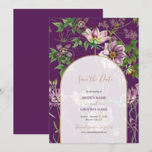 Paarse Floral Greenery Gold Arch Wedding Save The Date (Voorkant / Achterkant)