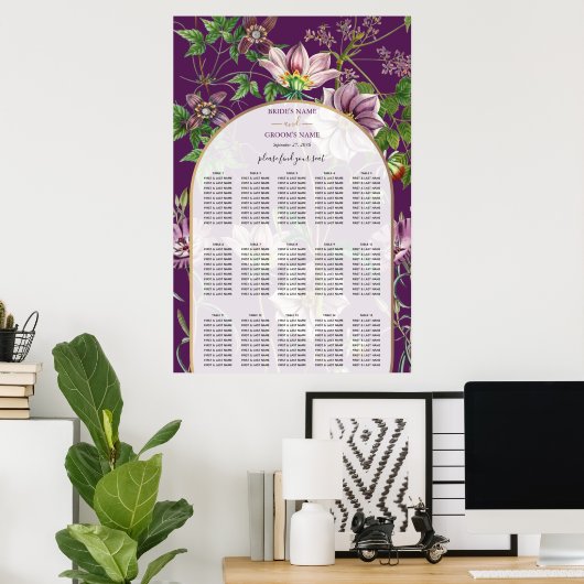 Paarse Floral Greenery Gold Wedding Seating Chart Poster (Thuiskantoor)