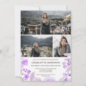 Paarse floral greenery script afstuderen kaart (Achterkant)