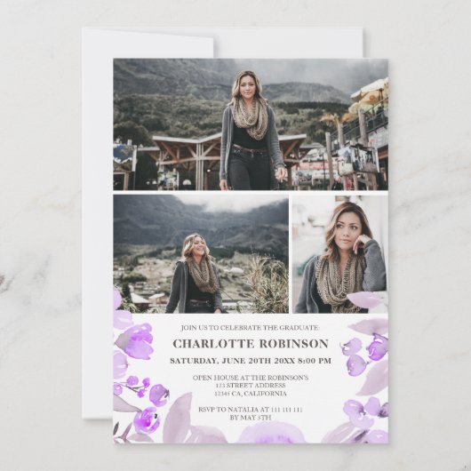 Paarse floral greenery script afstuderen kaart (Achterkant)