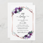 Paarse Floral Greenery Script Baby shower Kaart (Voorkant / Achterkant)