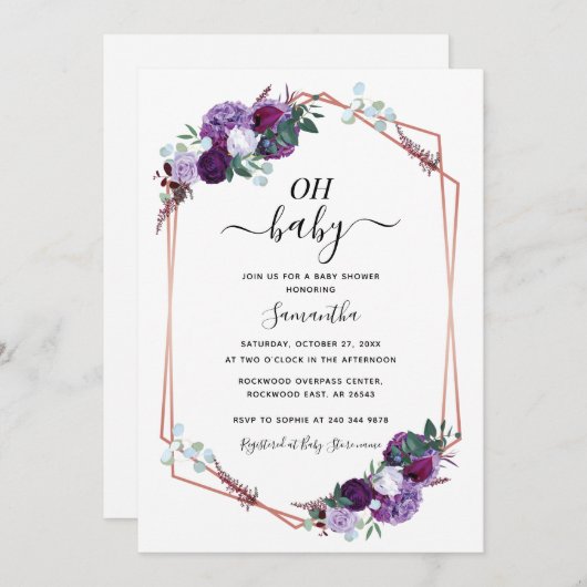 Paarse Floral Greenery Script Baby shower Kaart (Voorkant / Achterkant)