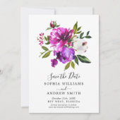 Paarse Floral & Greenery sparen de Uitnodiging van (Voorkant)