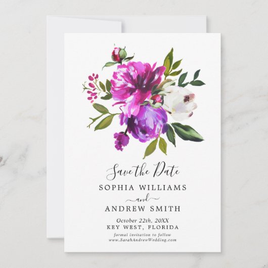 Paarse Floral & Greenery sparen de Uitnodiging van (Voorkant)