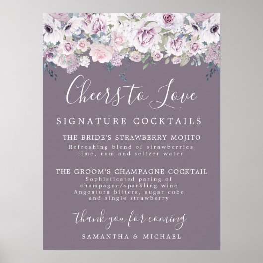 Paarse Floral Handtekening Cocktails Weddenschap Poster (Voorkant)