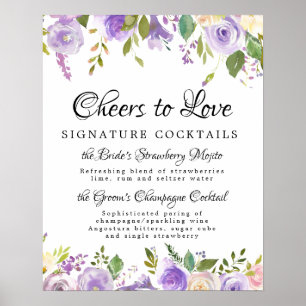 Paarse Floral Handtekening Cocktails Weddenschap Poster