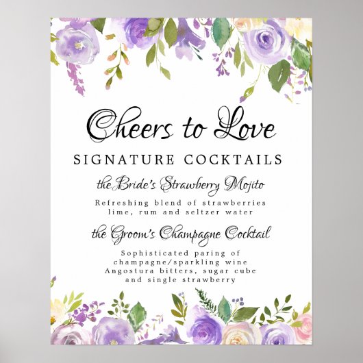 Paarse Floral Handtekening Cocktails Weddenschap Poster (Voorkant)