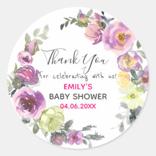  Paarse Floral Hartelijk dank voor uw Baby shower Ronde Sticker