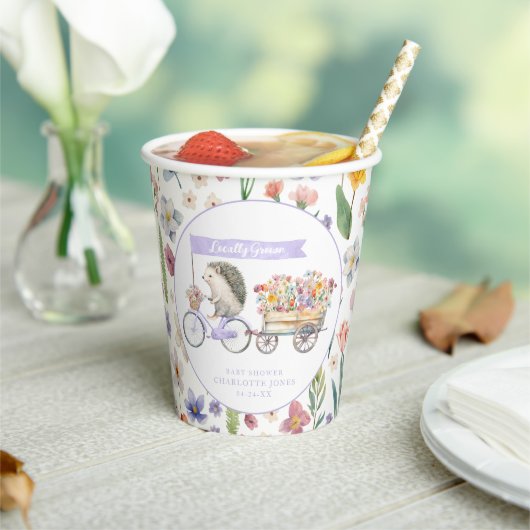 Paarse Floral Hedgehog Baby shower Cups – lokaal Papieren Bekers (Insitu)