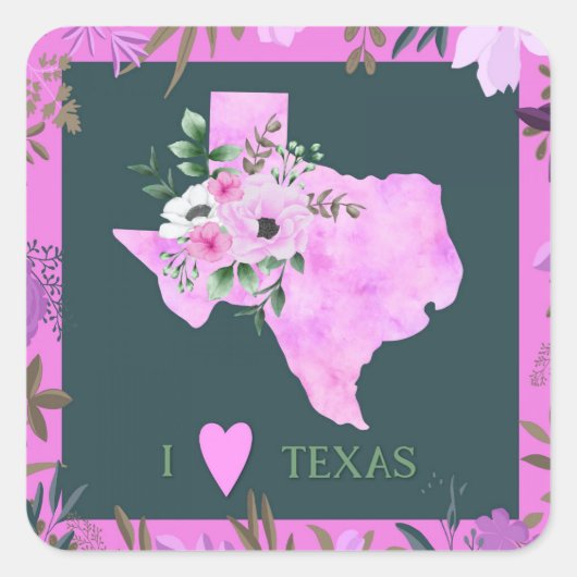 Paarse Floral I Love Texas State Map Vierkante Sticker (Voorkant)