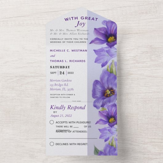 Paarse Floral in één bruiloft All In One Uitnodiging (Binnen)