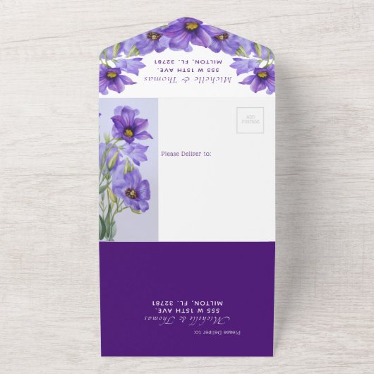 Paarse Floral in één bruiloft All In One Uitnodiging (Buitenkant)