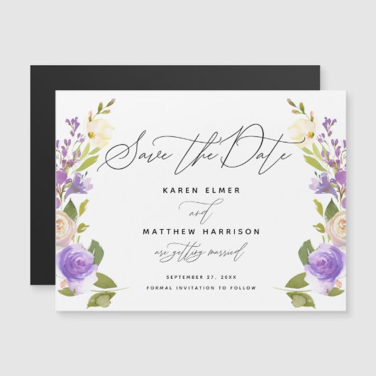 Paarse Floral kalligrafie bespaart de datum (Voorkant / Achterkant)