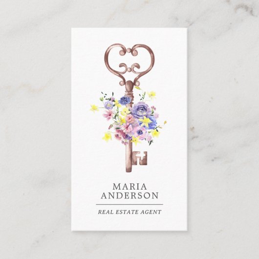 Paarse Floral  Key Real Estate Agent Foto Visitekaartje (Voorkant)