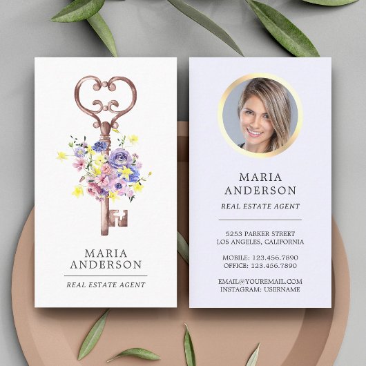 Paarse Floral  Key Real Estate Agent Foto Visitekaartje